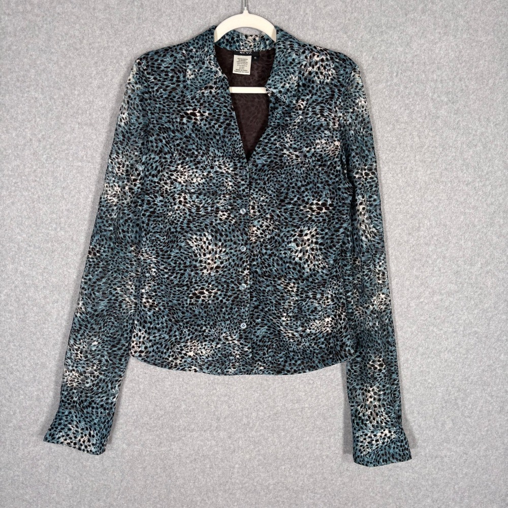 Y2K VTG Mesh Lace Button Up Top 11 Teal Cream Brown Animal Print Sheer 2000s 90s